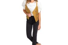 With white blouse, black cropped pants and flat mules