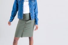 With white t-shirt, olive green skirt and beige ankle boots