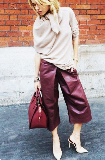 a blush cashmere sweater, burgundy leather culottes, blush shoes and a red bag for a fall outfit