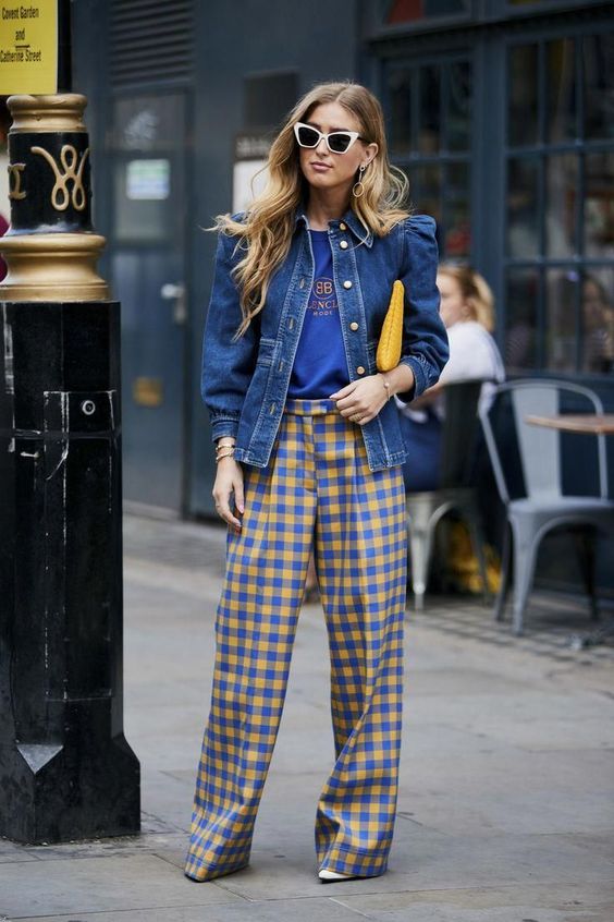 a bright fall look with a blue tee, a blue denim jacket with whimsy puff sleeves, blue and yellow plaid pants and a yellow bag