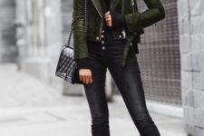 a fall outfit with black hihg waisted jeans, a black turtleneck, black heels, a green suede jacket and a black box bag