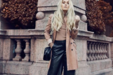 a gorgeous fall look with a tan turtleneck, a coat, black leather culottes, a black bag and two tone shoes