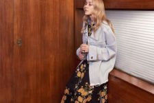 a moody floral wrap dress, an oversized white denim jacket and white cowboy boots for the fall