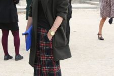 a stylish look with a black tee, an oversized black blazer, wideleg plaid pants and white shoes