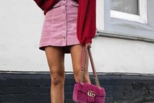 a whimsy look with a color block sweater, a [ink velvetine skirt, white booties and a hot pink box bag