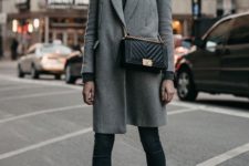 an elegant fall outfit with a grey turtleneck, black cropped skinnies, black heels and a grey coat plus a black box bag