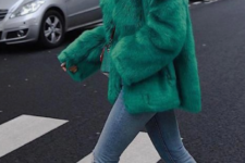 an emerald faux fur coat for a touch of color and for an edgy look this winter