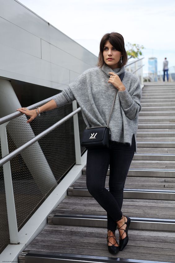 an everyday fall look with an oversized grey sweater, black skinnies and lace up flats plus a black box bag