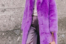 lavender silk wideleg pants, a blush top, elegant shoes and a hot pink midi faux fur coat for a bold accent