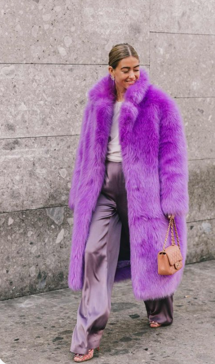 lavender silk wideleg pants, a blush top, elegant shoes and a hot pink midi faux fur coat for a bold accent