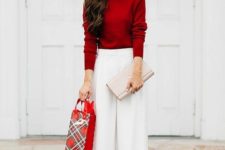 07 a red turtleneck, white culottes, nude shoes and a nude clutch for a simple and chic outfit