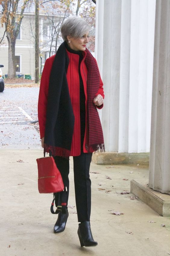 a red coat, a red bag will make your outfit super contrasting and super bold