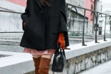 With black coat, printed mini dress, black bag and brown suede over the knee boots