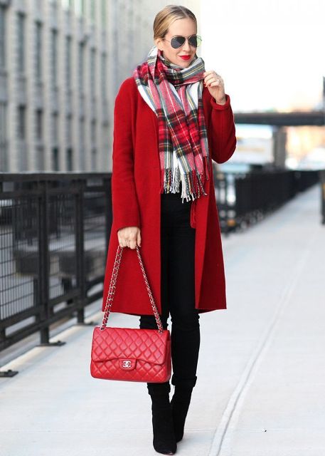 With black pants, plaid scarf, high heeled boots and red coat