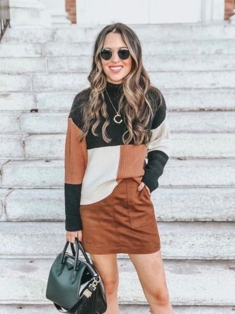 With brown suede mini skirt, leather bag and sunglasses