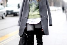 With gray jeans, white button down shirt, gray coat, black over the knee boots, black bag and ombre sweater