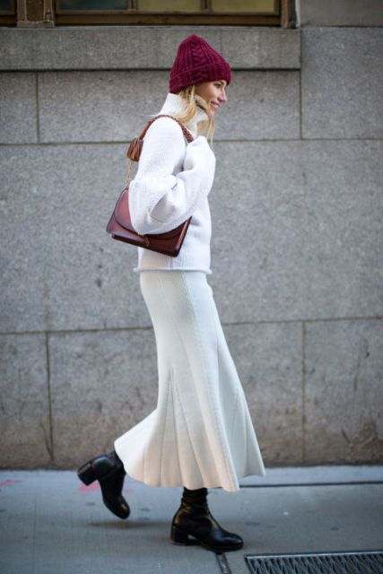 With marsala hat, marsala bag, white sweater and black boots