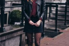 With marsala sweater, black mini skirt, black leather jacket and flat shoes