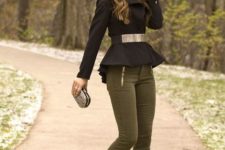 With metallic belt, small clutch, olive green skinny pants and ankle boots