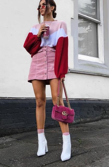 With pale pink mini skirt, hot pink velvet chain strap bag and white ankle boots