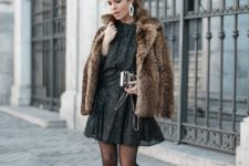 With printed airy dress, leopard printed fur coat, clutch and pumps