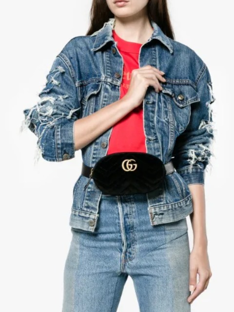 With red t shirt, denim jacket and jeans