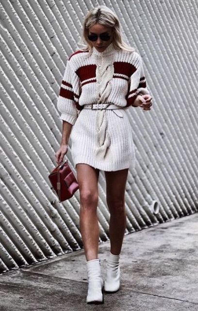 With white ankle boots and marsala bag