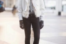 With white cropped jacket, skinny pants and platform ankle boots