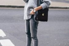 a grey look with an oversized sweater, skinnies, white sneakers and a black bag – add a coat and go
