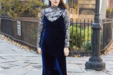 a silver sequin turtleneck, a bold blue velvet slip dress and black shoes for a winter party