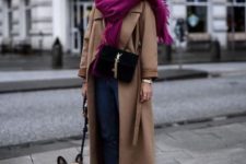 blue cropped jeans, a camel coat, a fuchsia scarf, white trainers make up a cool and bold winter look