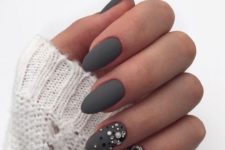 matte grey nails with beads and pearls look super girlish, chic and very wintry-like