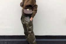 02 a military inspired look with a brown top, olive green military pants, chunky boots and a simple crossbody