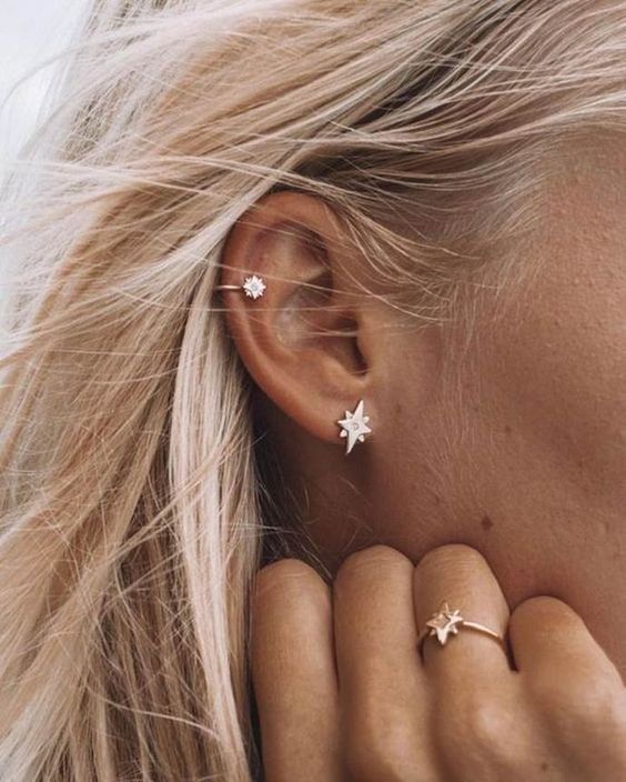 a chic star ear cuff and a matching earring and ring for chic and dreamy accessorizing