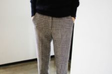 16 a black angora sweater, plaid rolled up pants and black booties for a casual holiday look