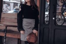 With ruffled off the shoulder sweater, pencil skirt and black patent leather high boots