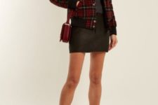 With black mini skirt, marsala bag, patent leather boots and shirt