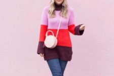 With color block long sweater, pom pom hat, skinny jeans and leopard flat shoes