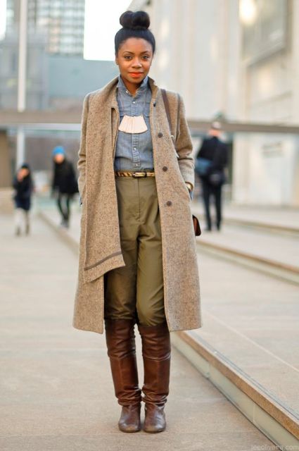 With denim button down shirt, olive green pants, belt and midi coat