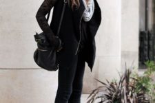 With gray scarf, lace shirt, black vest, skinny pants and bag