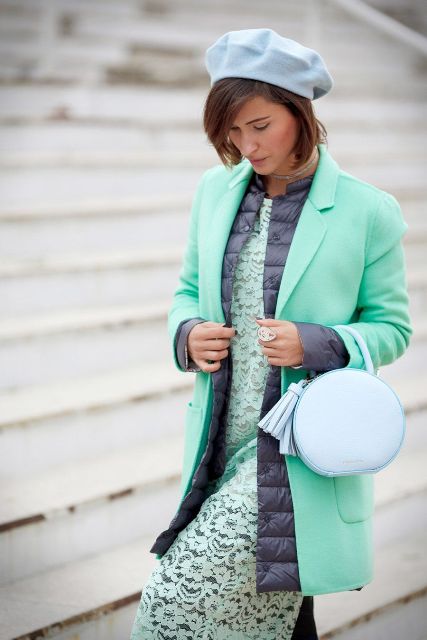 With lace dress, beret, puffer vest and long blazer