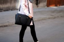 With pale pink coat, black bag, skinny pants and flat shoes