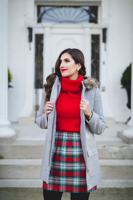 With plaid skirt and gray coat