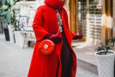 With red oversized scarf, red midi coat, A-line skirt, printed blouse and marsala high boots