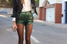 With white button down shirt, blazer, clutch, tights and pumps