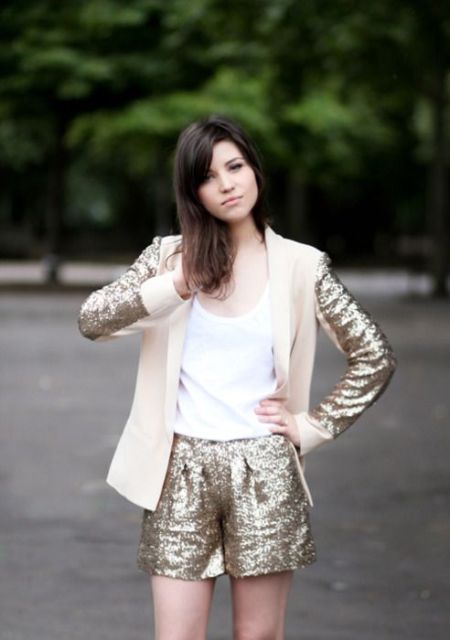 With white top and sequin blazer