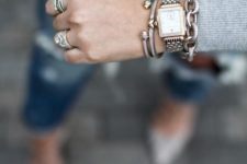 a combo of three different bracelets but in the same style and a matching watch for more chic