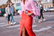 a pink blouse with puff sleeves, a red high waisted pencil midi with a front slit and leopard print shoes for a special occasion