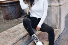a white turtleneck, black skinnies and white combat boots for a casual look with a bit of grunge