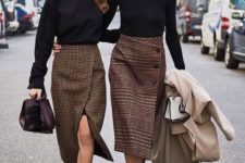 black turtlenecks, wrap tweed skirts on buttons and not, neutral coats and shoes and booties